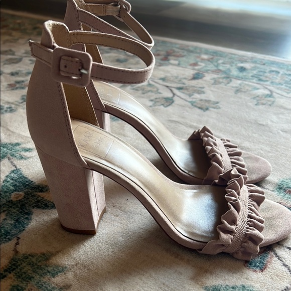Pink Suede Heels with Ruffled Toe Strap - Picture 3 of 12